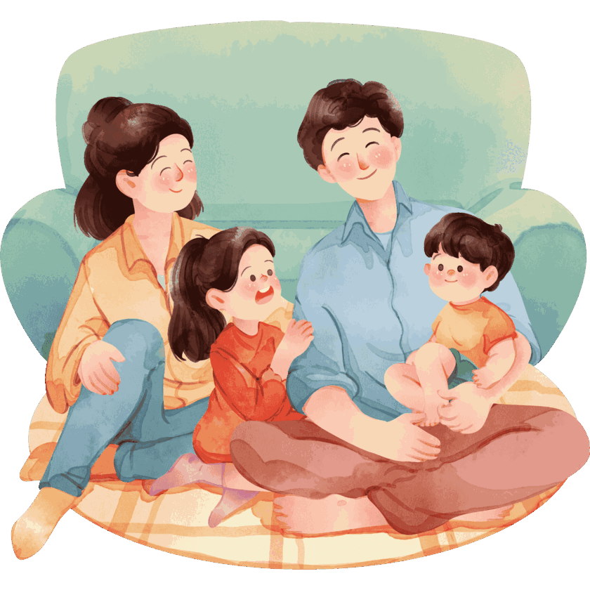 Eine Familie sitzt entspannt zusammen