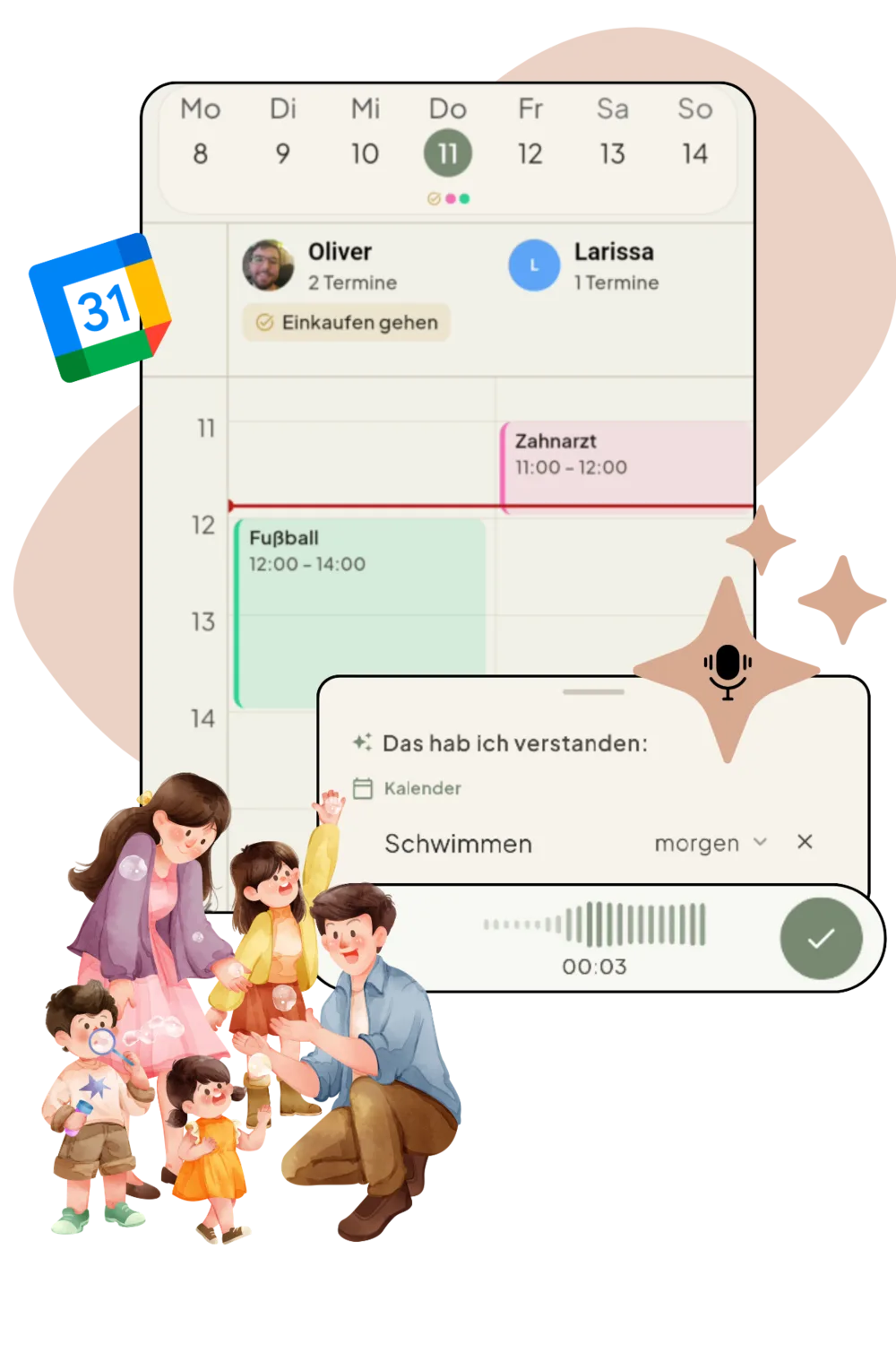 Familienkalender mit Terminen und Sprachaufnahme