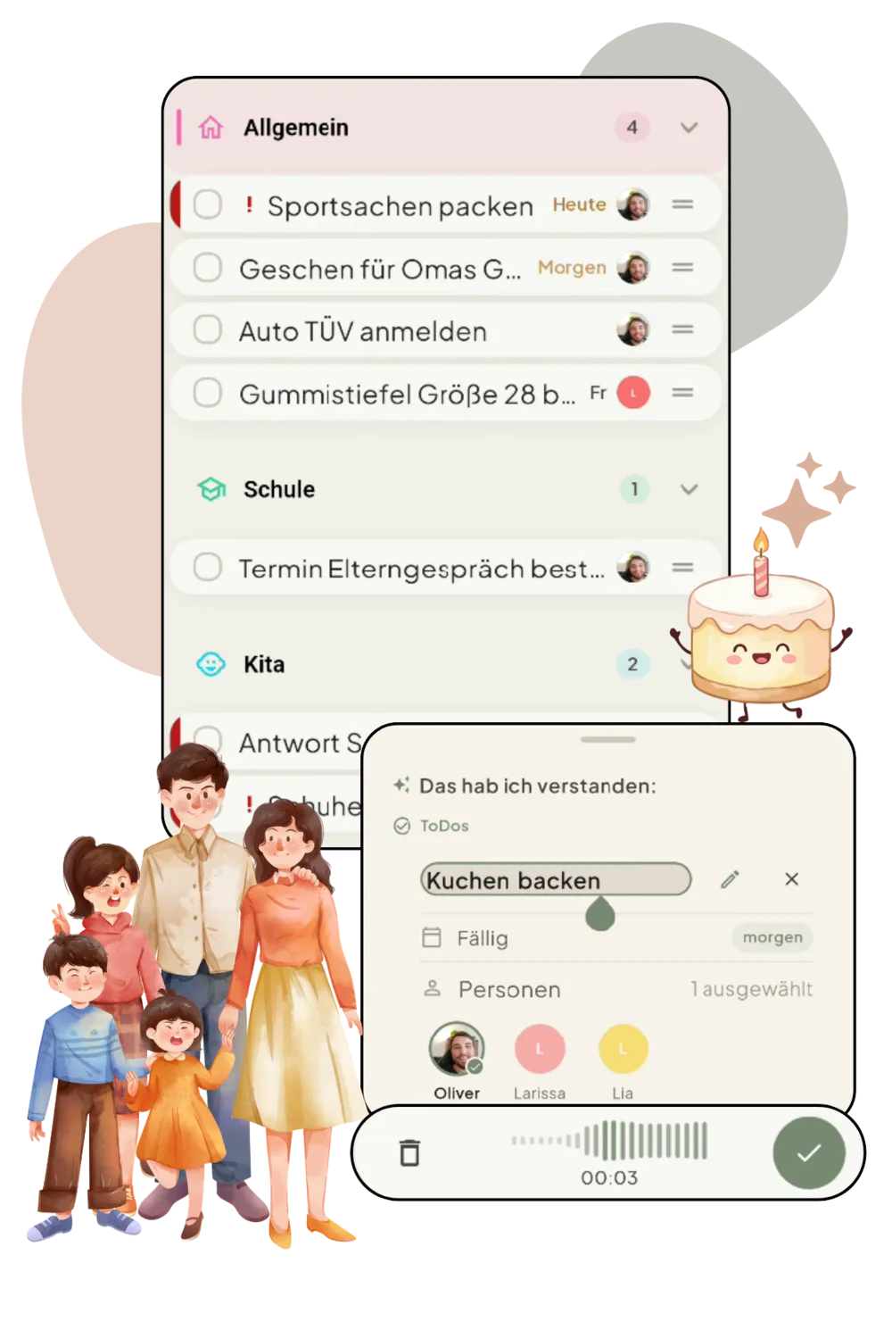 Aufgabenlisten nach Bereichen mit Sprachaufnahme